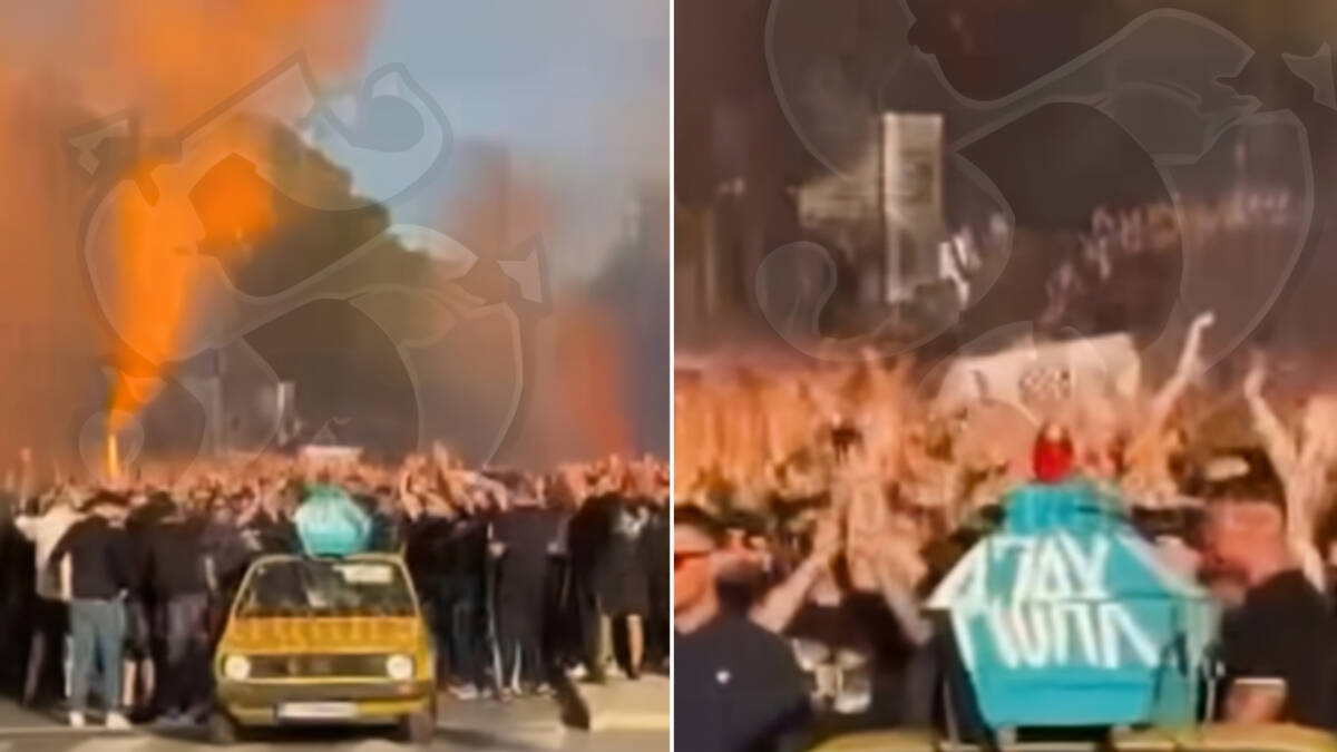 Torcida oko mrtvačkog sanduka peva Hitleru: "Aušvic, Aušvic" i "Ustaj, Adolfe", ori se Splitom