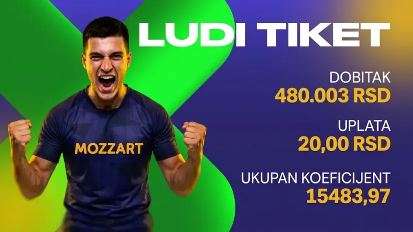 LUDI TIKET, ponedeljak, 480.003 dinara: I 2:0 je 3+ uz Mozzart Relax